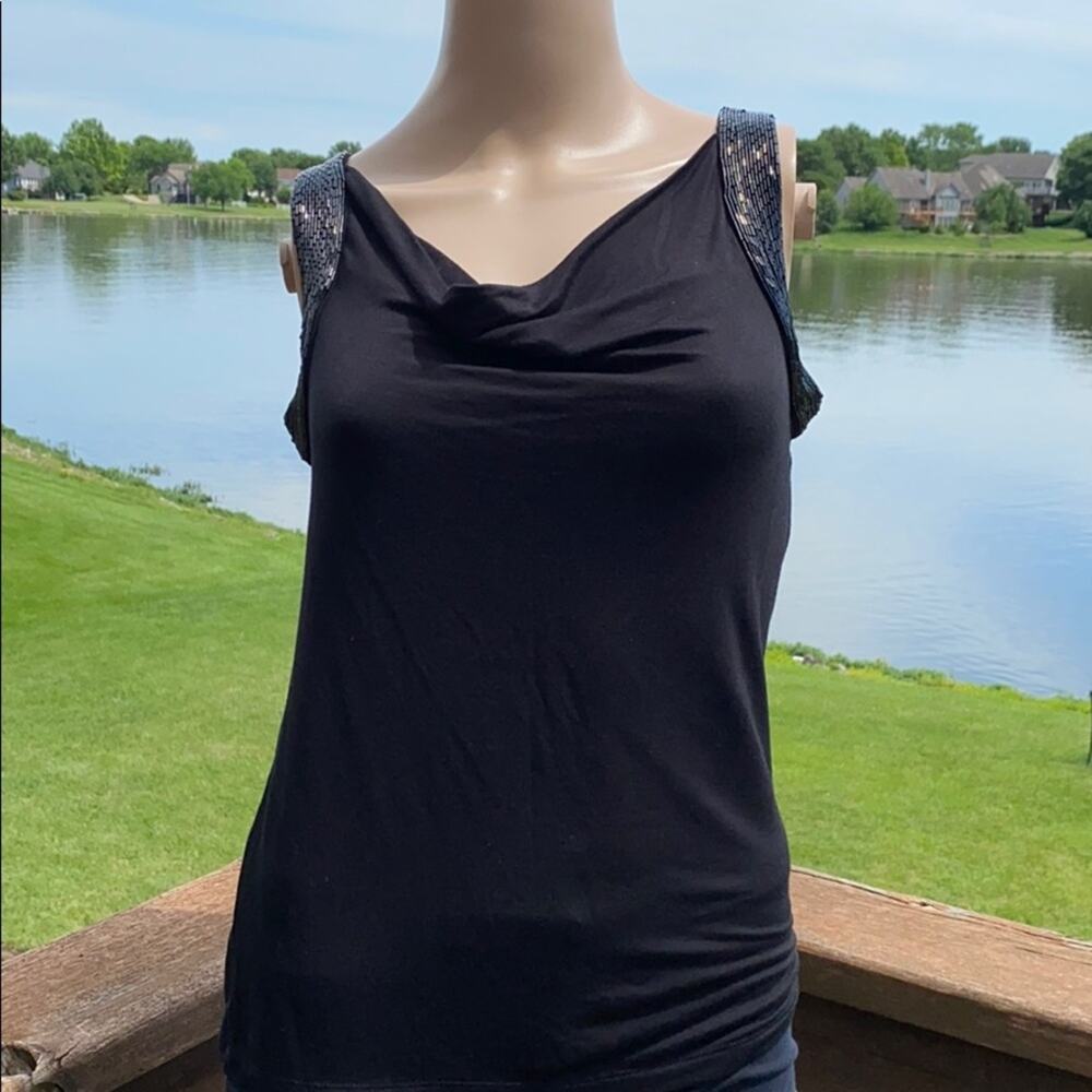 Talbots Women Black  Beaded Trim Sleeveless Cowl Neck Tank Top Size S